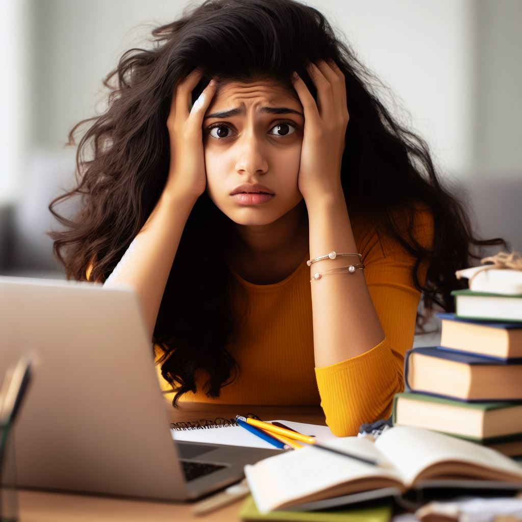 college student overwhelmed by workload research work